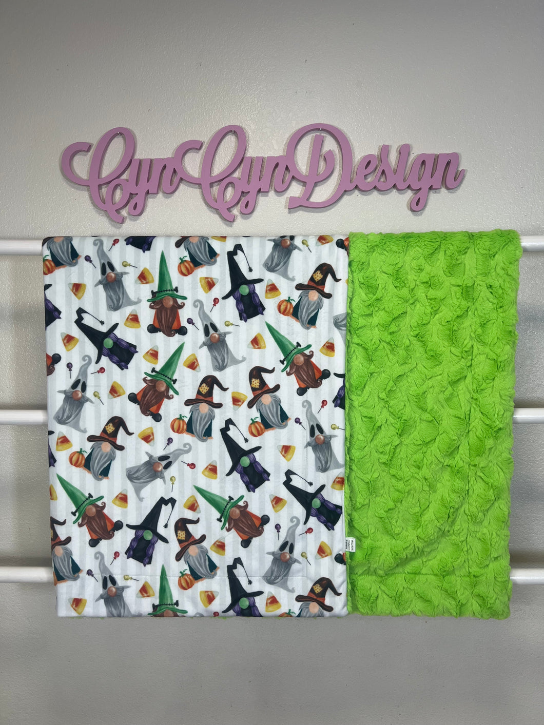 Halloween gnome print on lime green Bella 50 x 60