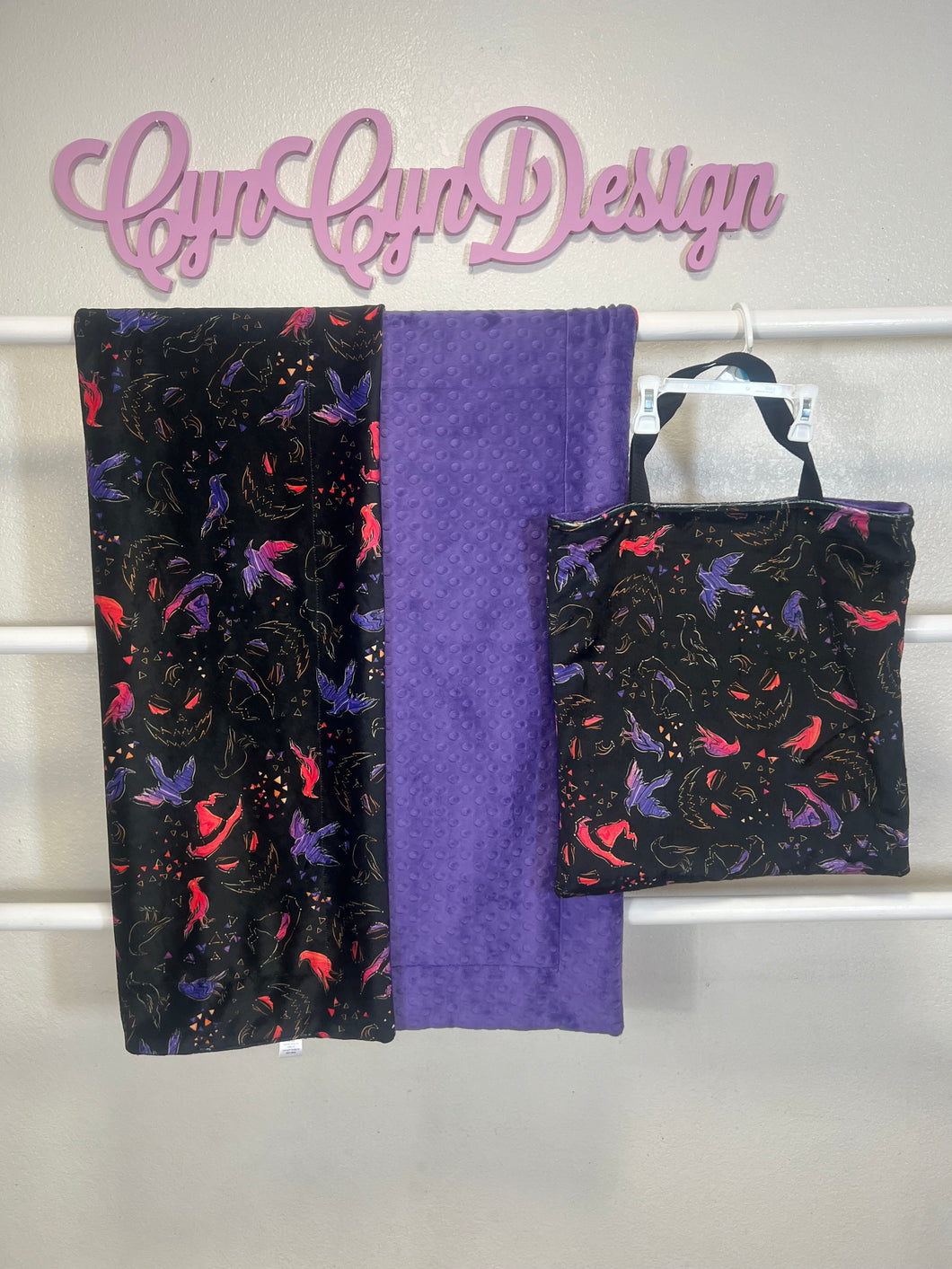 Wicked Halloween print on purple dimple dot 36x60 and trick or treat matching bag