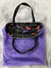 Load image into Gallery viewer, Wicked trick-or-treat Minky tote with purple dimple dot lining 17x17
