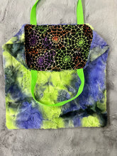Load image into Gallery viewer, Mardi Gras sorbet trick-or-treat Minky tote with spiderweb cotton lining 17x17
