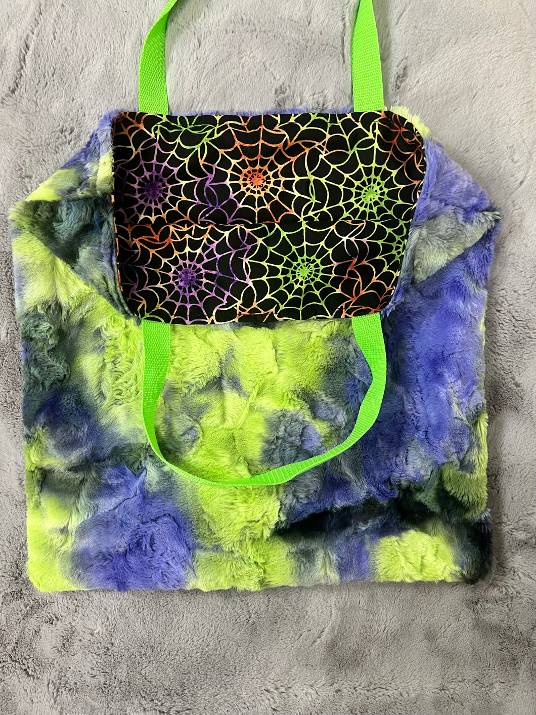 Mardi Gras sorbet trick-or-treat Minky tote with spiderweb cotton lining 17x17