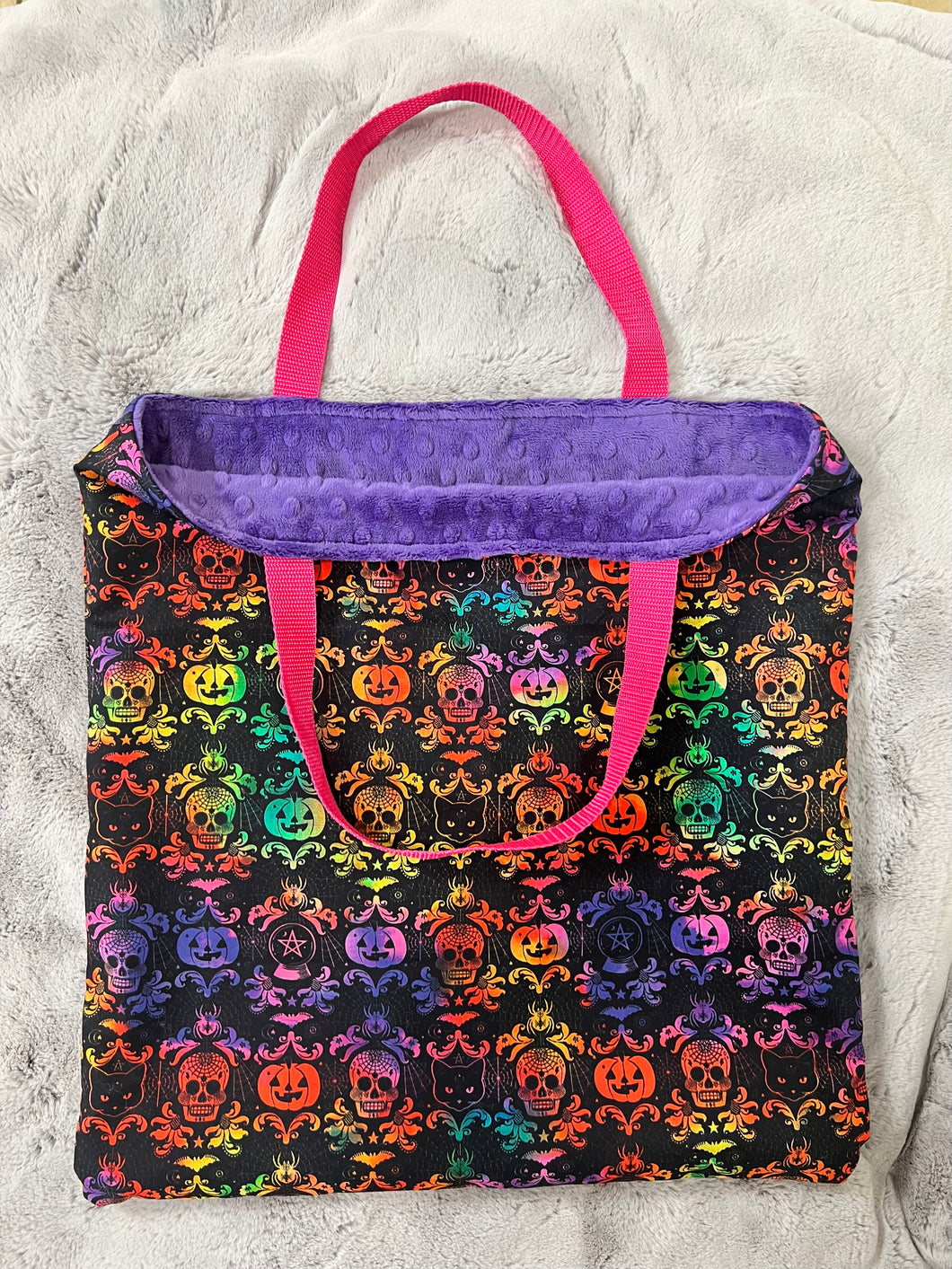 Purple dimple dot trick-or-treat Minky tote with Halloween cotton lining 17x17