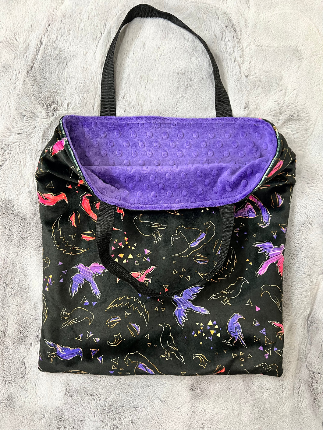 Wicked trick-or-treat Minky tote with purple dimple dot lining 17x17