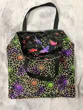 Load image into Gallery viewer, Wicked trick-or-treat Minky tote with spiderweb cotton lining 17x17
