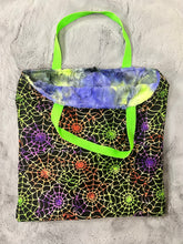 Load image into Gallery viewer, Mardi Gras sorbet trick-or-treat Minky tote with spiderweb cotton lining 17x17

