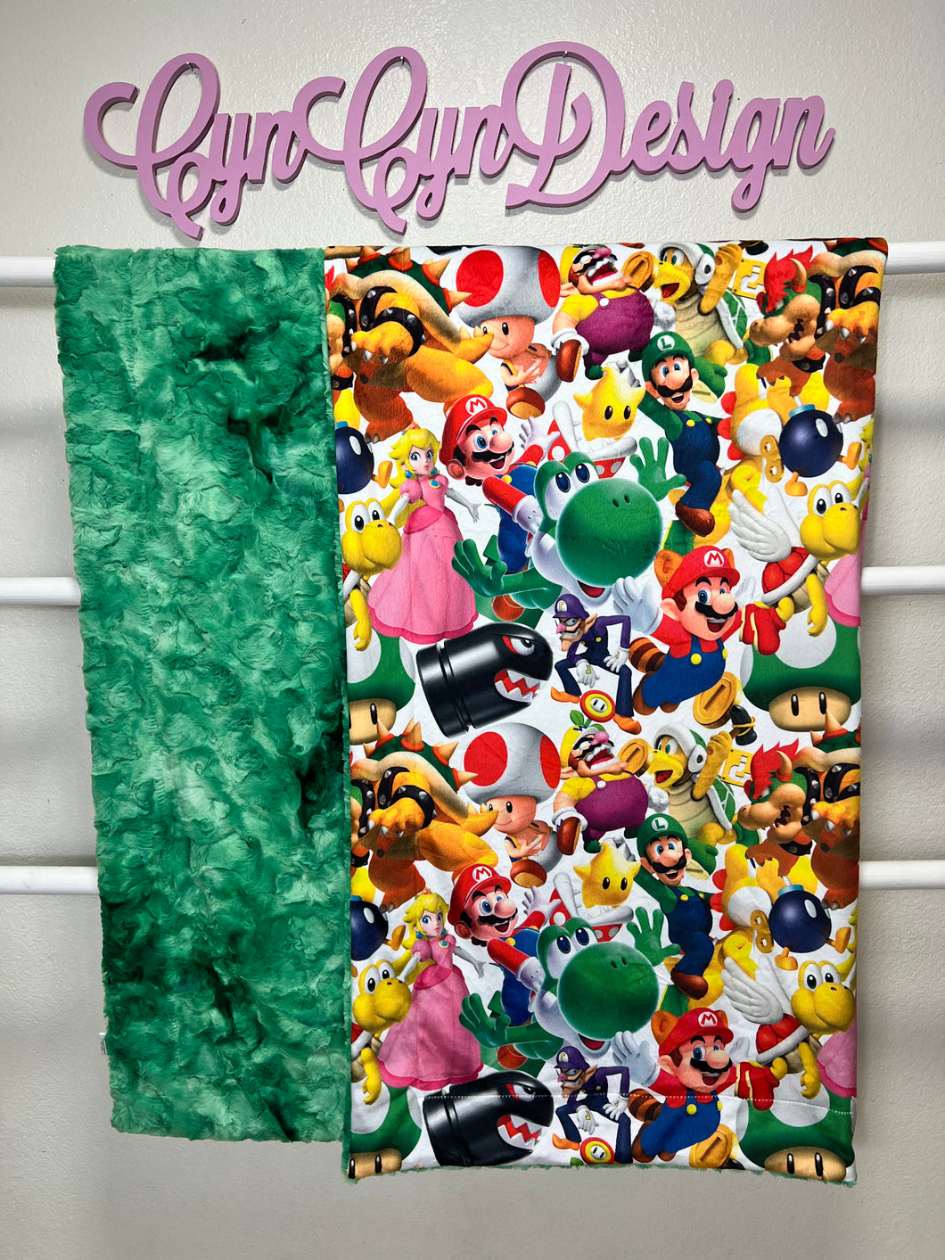 Mario custom print on Kelly Green galaxy 60 x 70