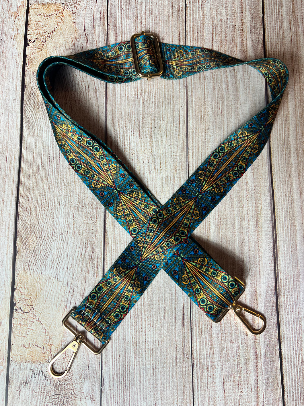 Guitar strap, blue and gold