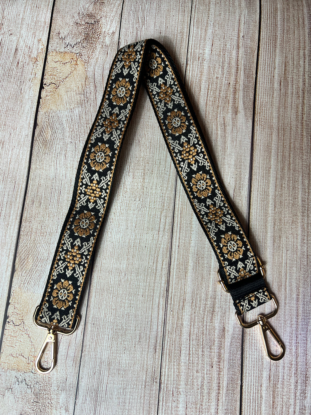 Guitar strap, gold, and black