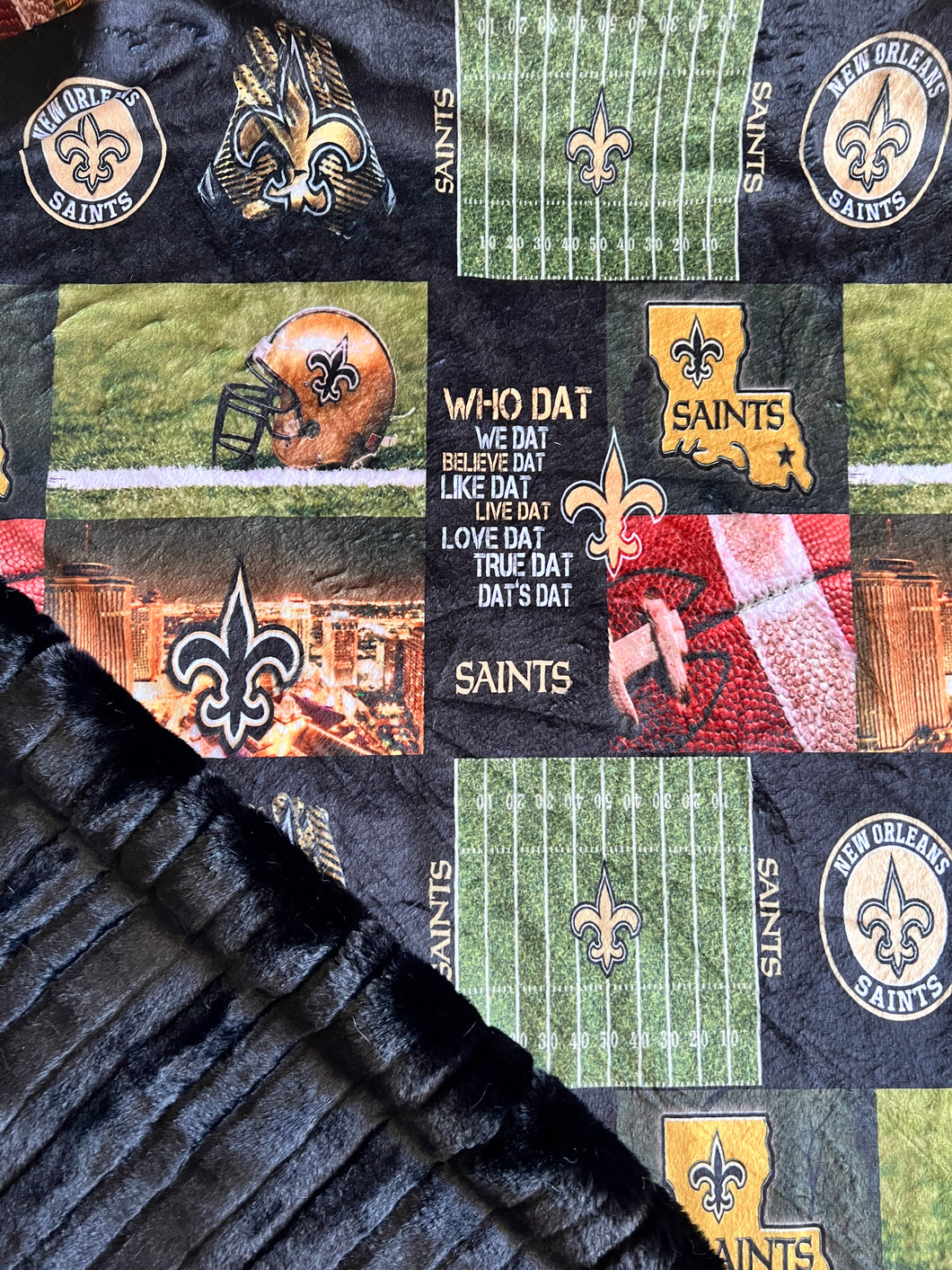 New Orleans Saints on in stock matching backing 58x70 (made to order)