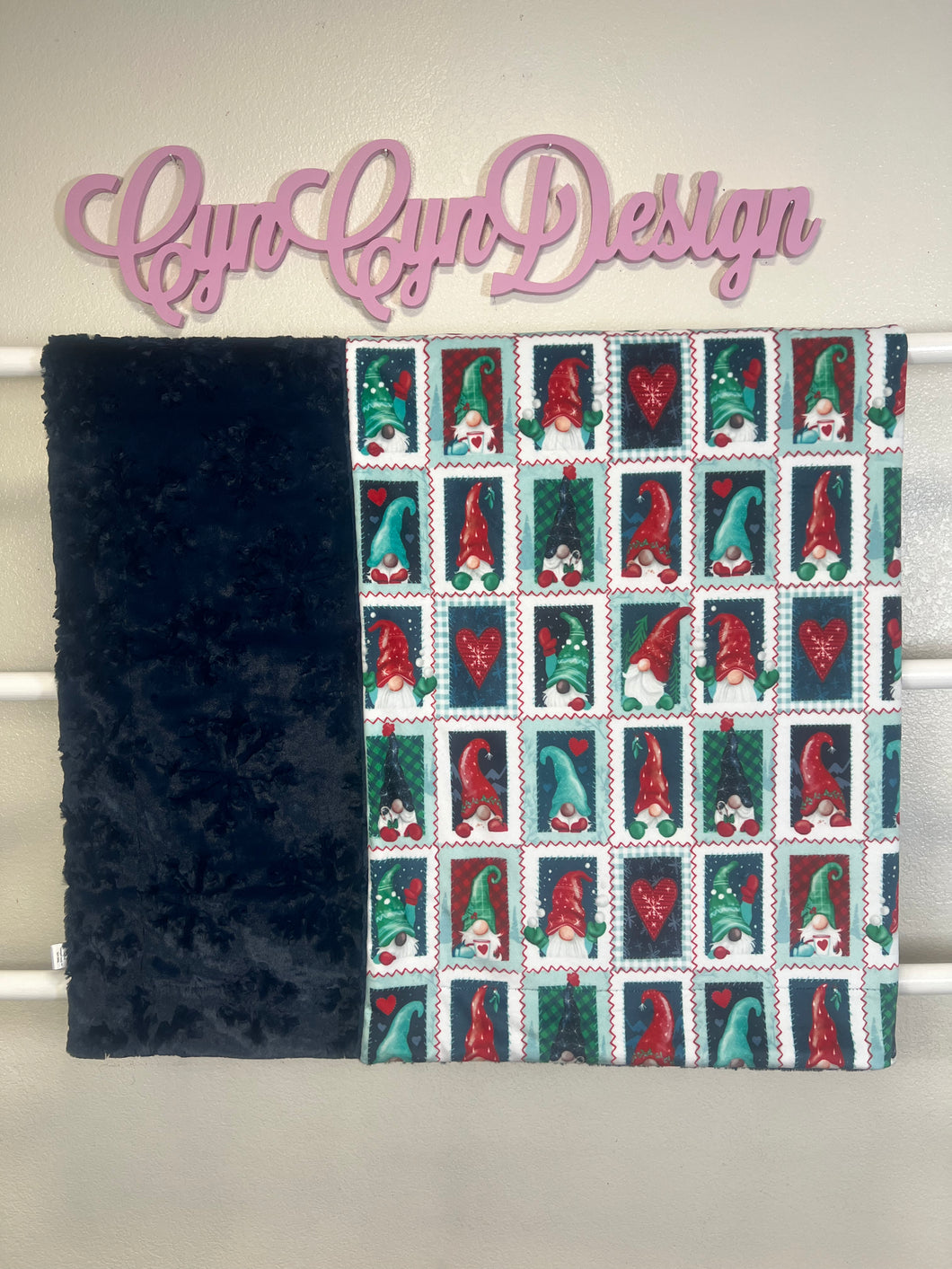 Christmas gnome stamps print on navy embossed snowflakes 44x60