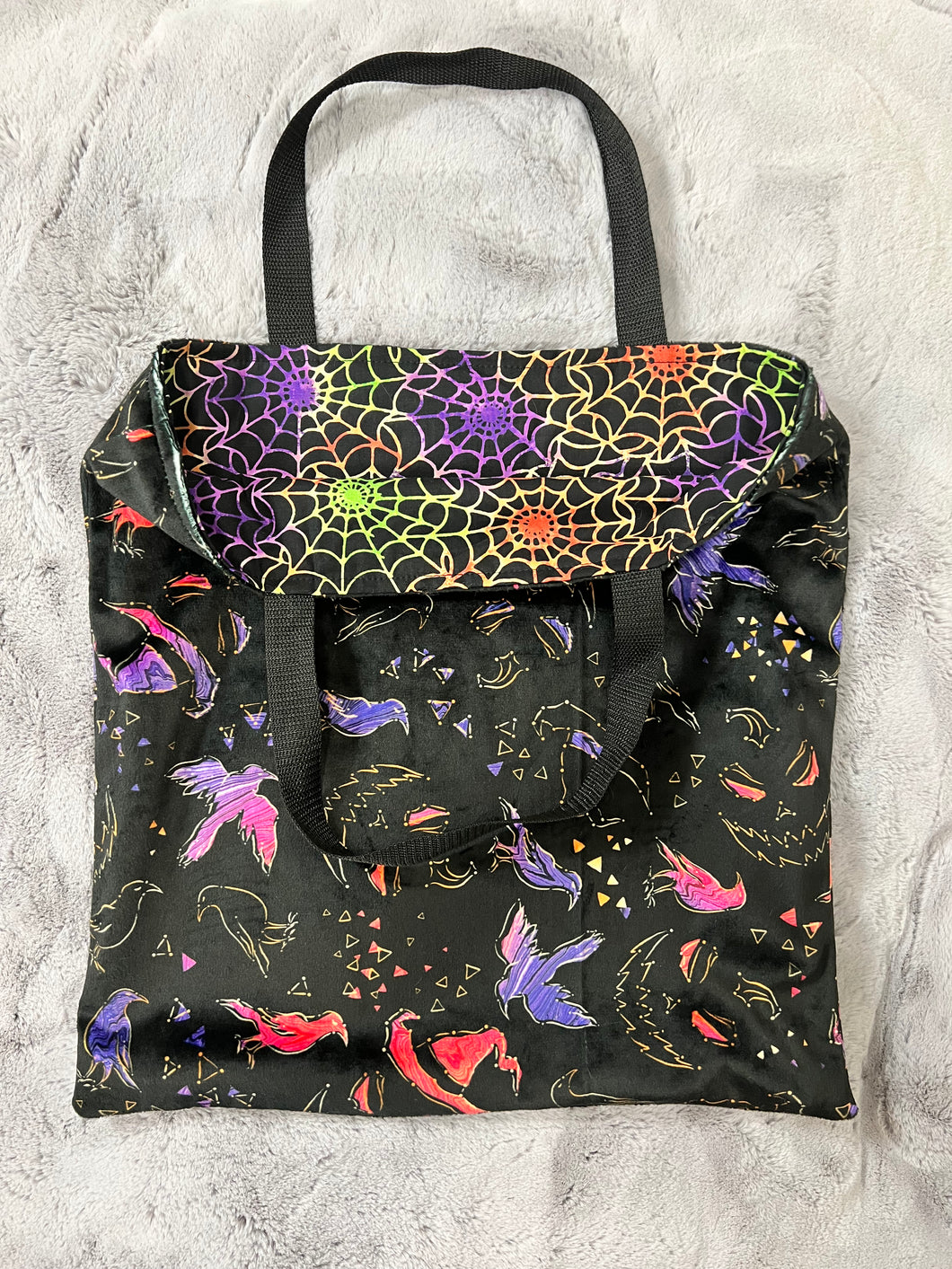 Wicked trick-or-treat Minky tote with spiderweb cotton lining 17x17